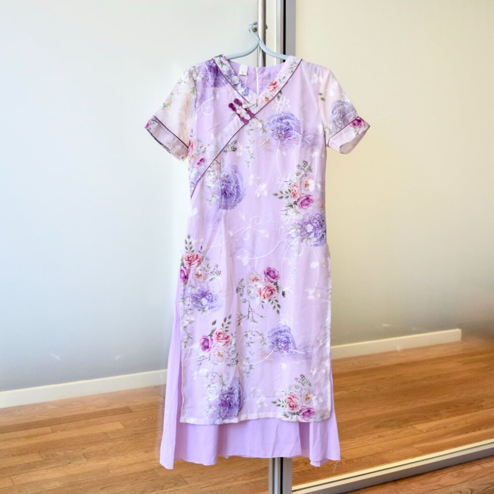 Purple Rose V Neck Qipao Aodai Dress - Chinese Cheongsam